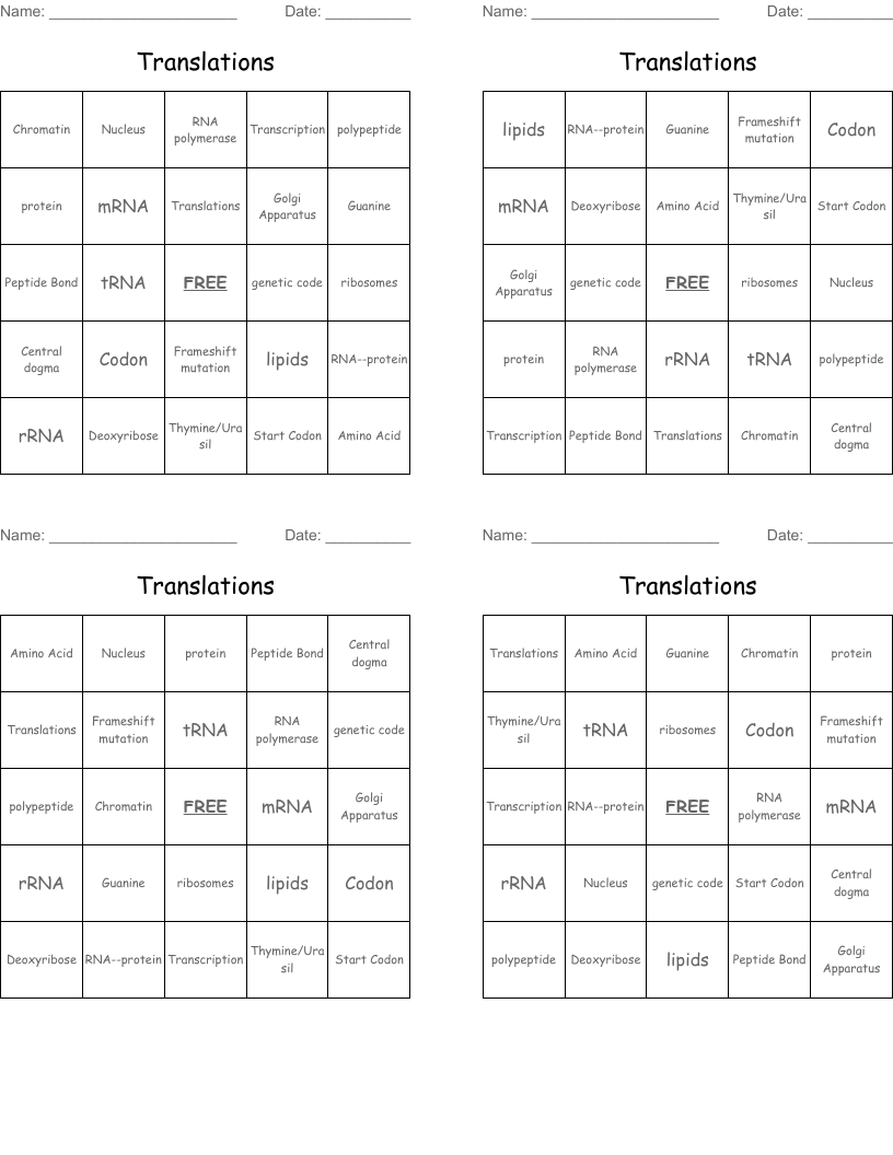 Translations Bingo Cards