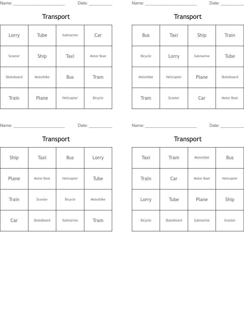 Transport Bingo Cards