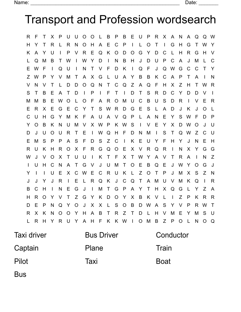 Transport and Profession wordsearch