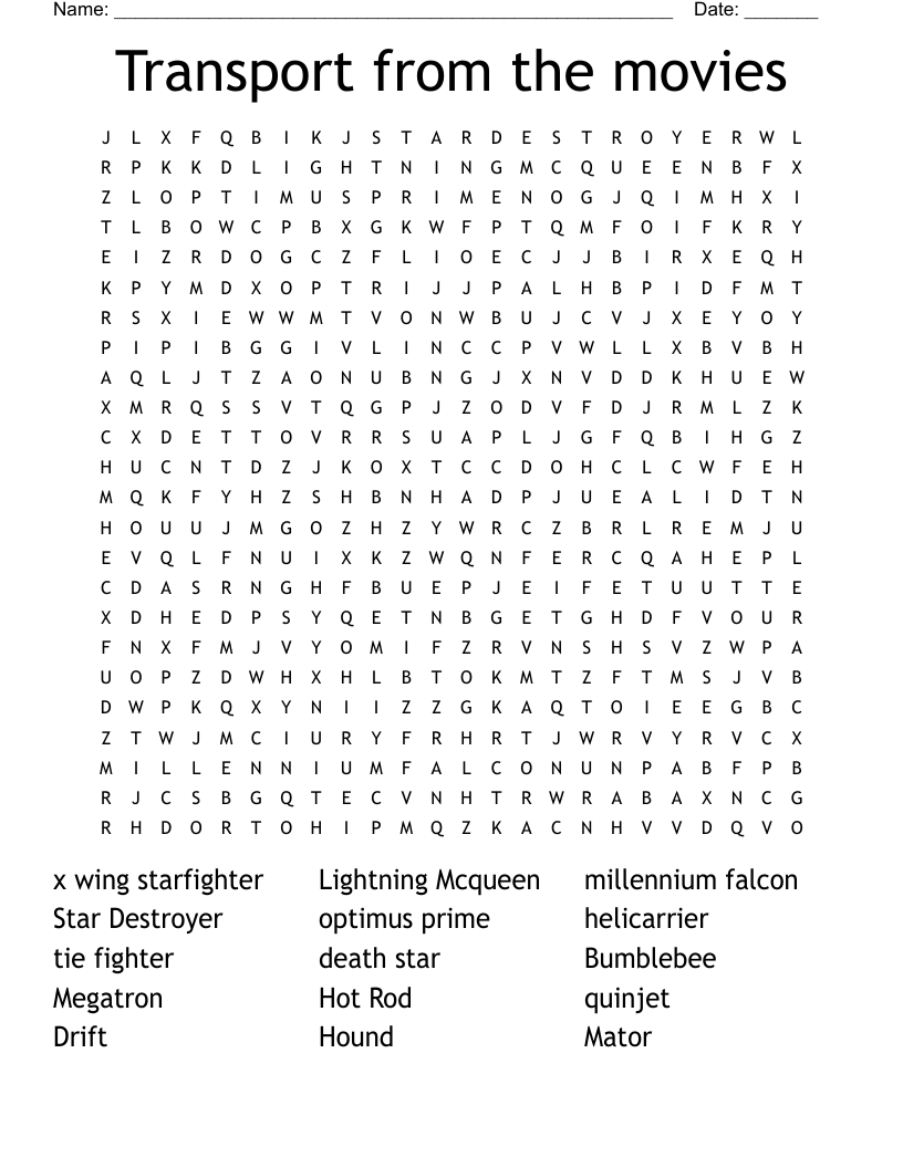 Transport from the movies Word Search