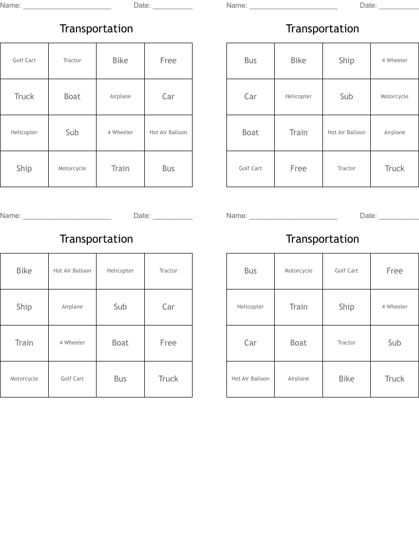 Transportation Bingo Cards