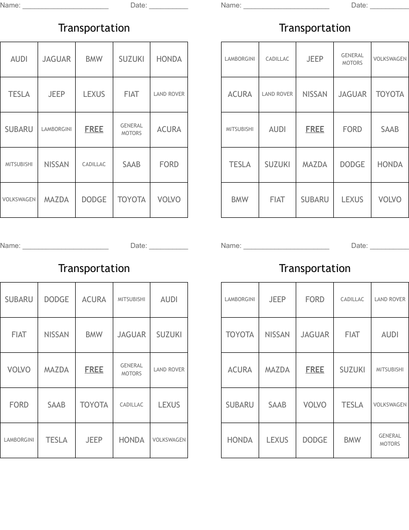 Transportation Bingo Cards