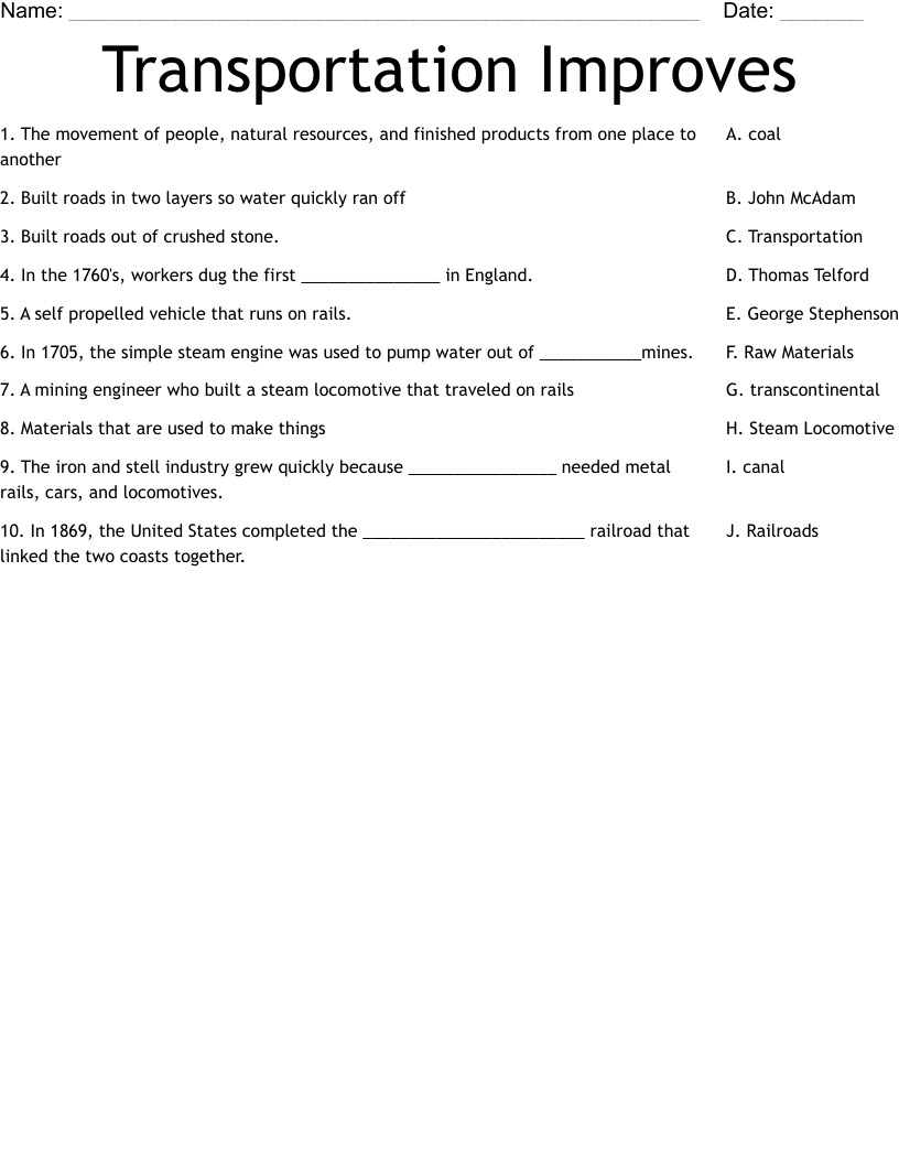 Transportation Improves Worksheet