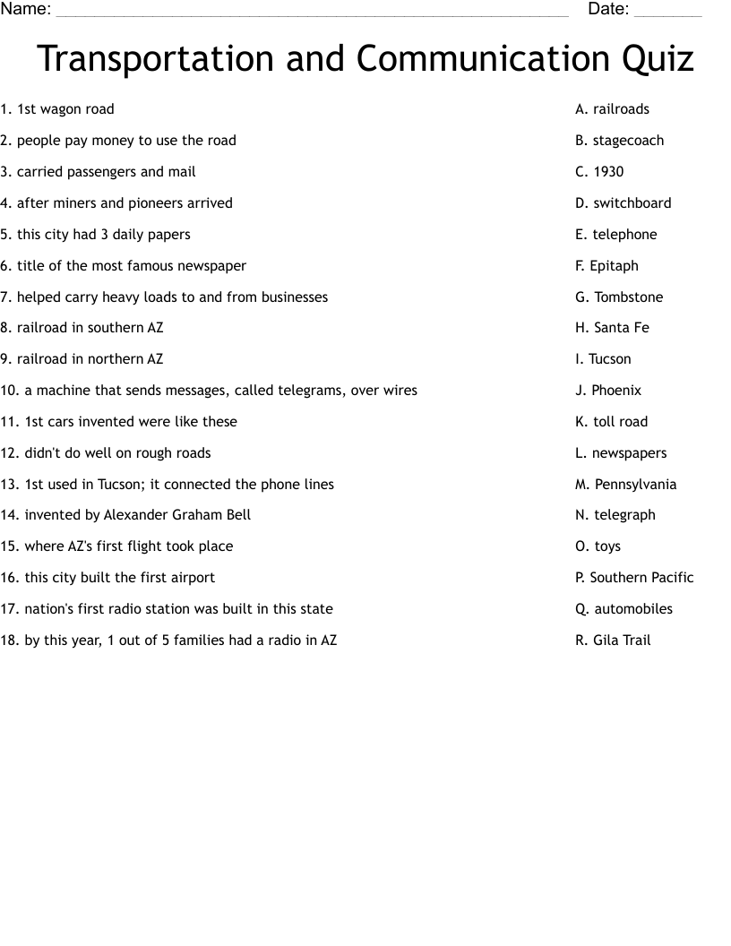Transportation and Communication Quiz Worksheet