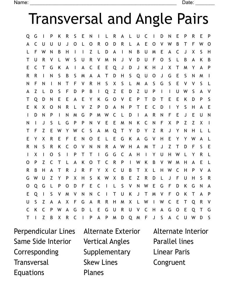 Transversal and Angle Pairs Word Search