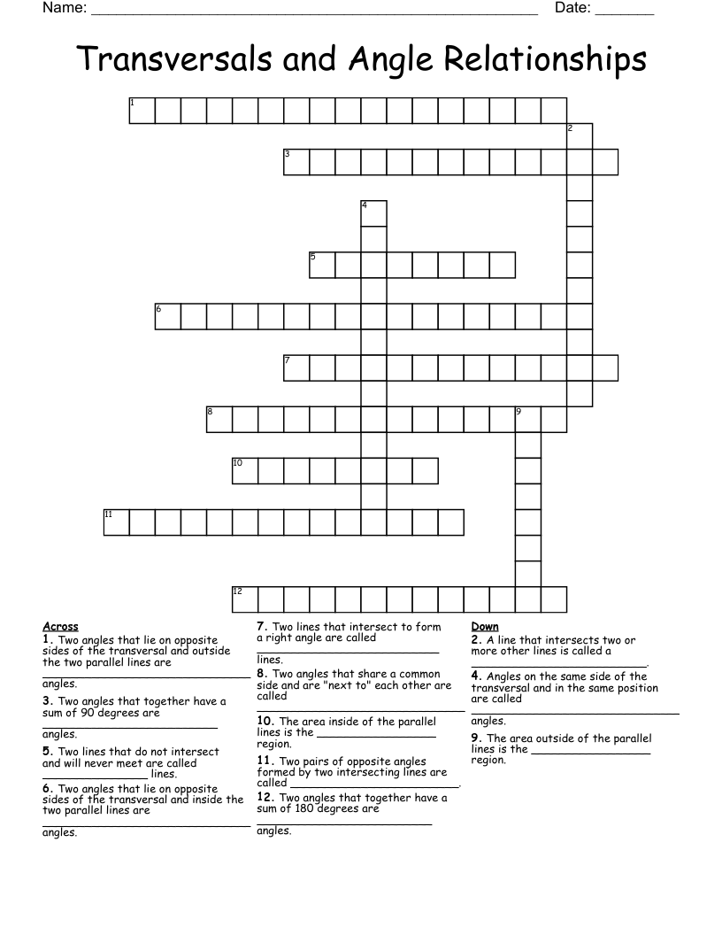Transversals and Angle Relationships Crossword