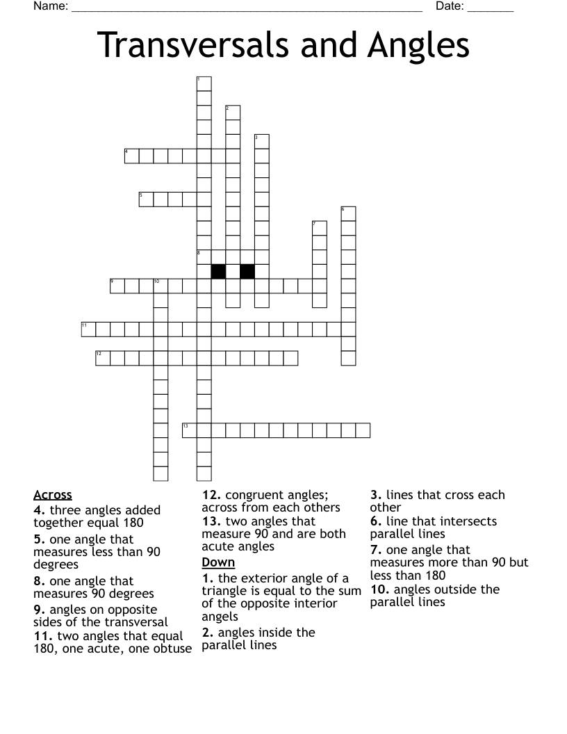 Transversals and Angles Crossword