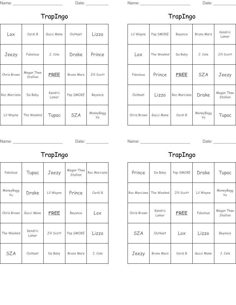 TrapIngo Bingo Cards