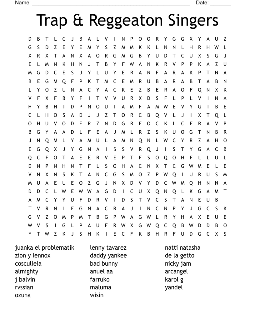 Trap & Reggeaton Singers Word Search