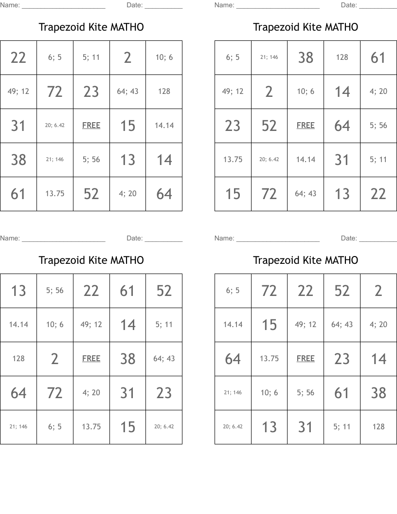 Trapezoid Kite MATHO Bingo Cards