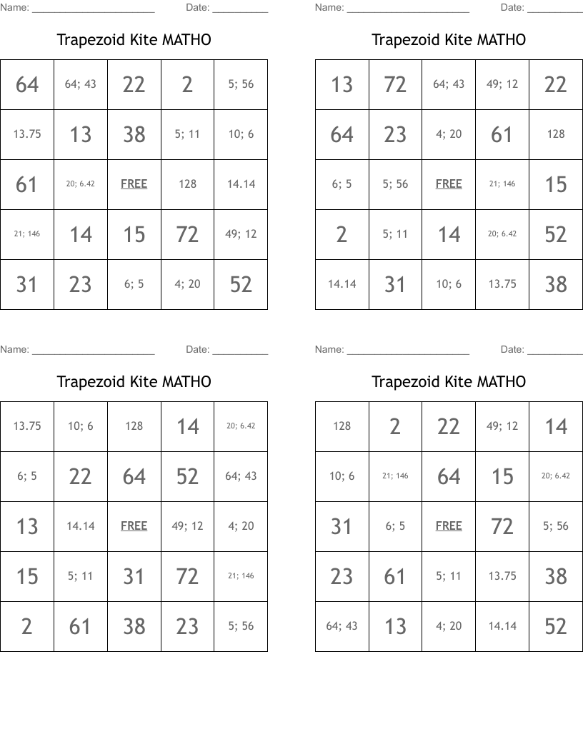 Trapezoid Kite MATHO Bingo Cards