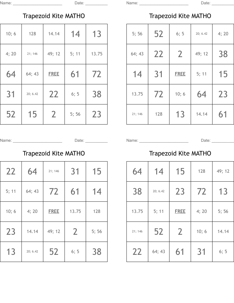 Trapezoid Kite MATHO Bingo Cards