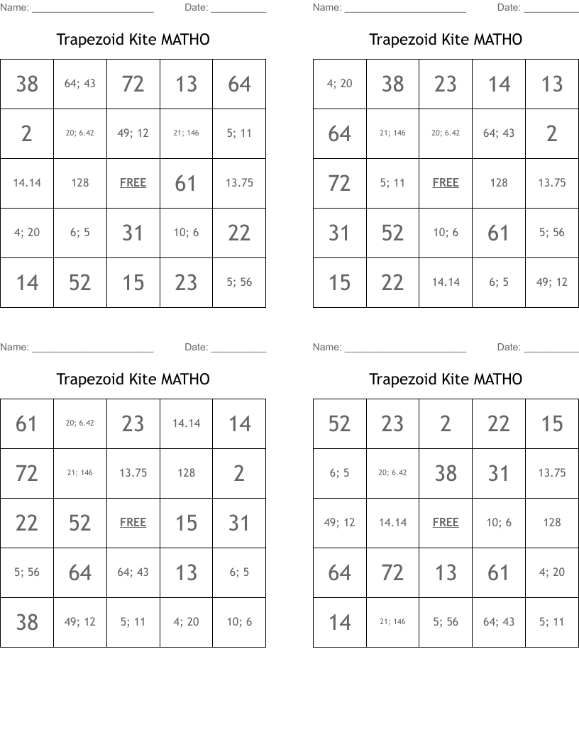 Trapezoid Kite MATHO Bingo Cards