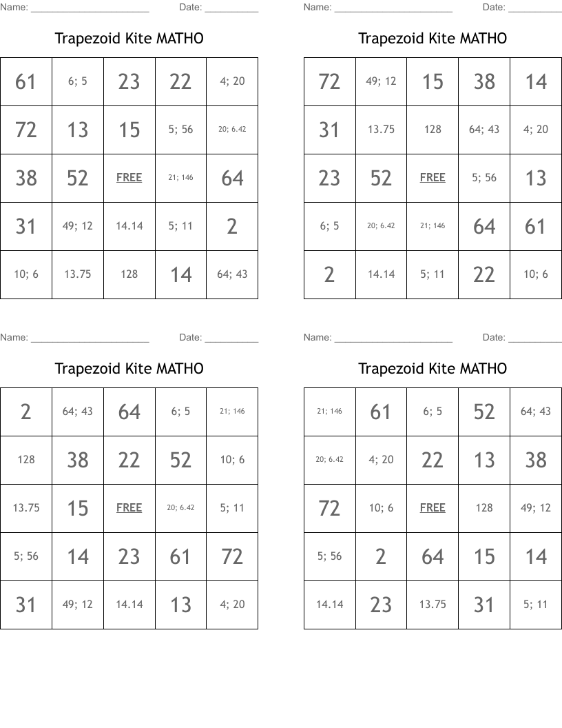 Trapezoid Kite MATHO Bingo Cards