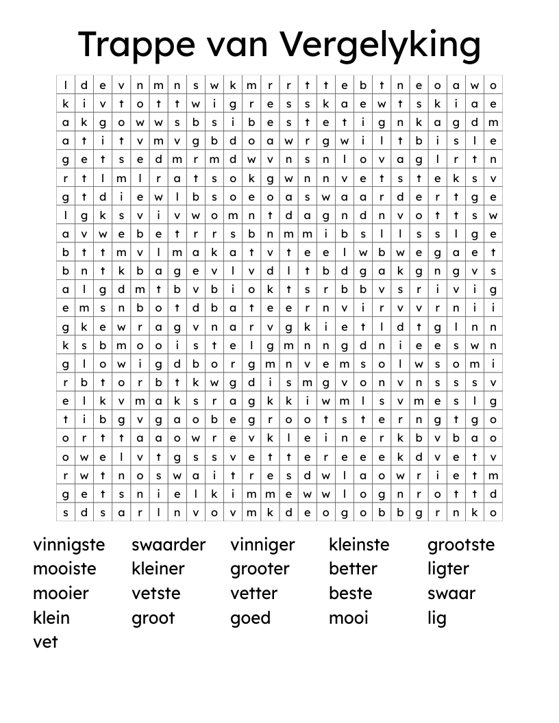 Trappe van Vergelyking Word Search