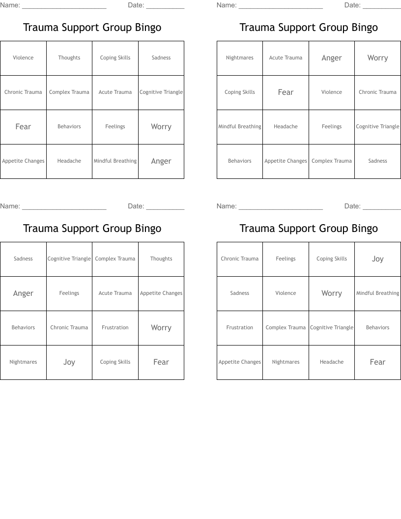 Trauma Support Group Bingo