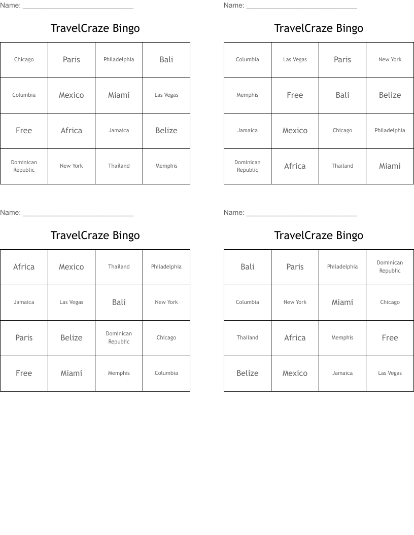 TravelCraze Bingo