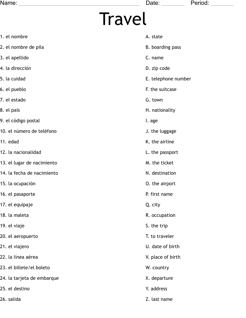 Travel Worksheet