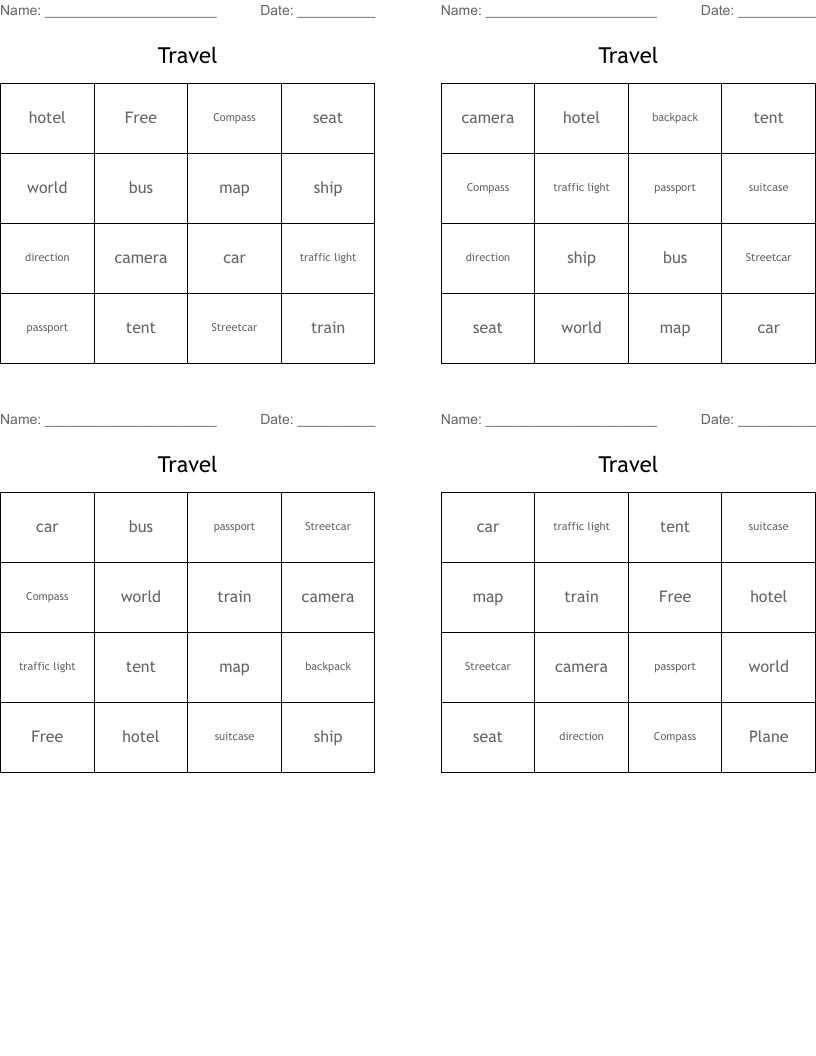 Travel Bingo Cards