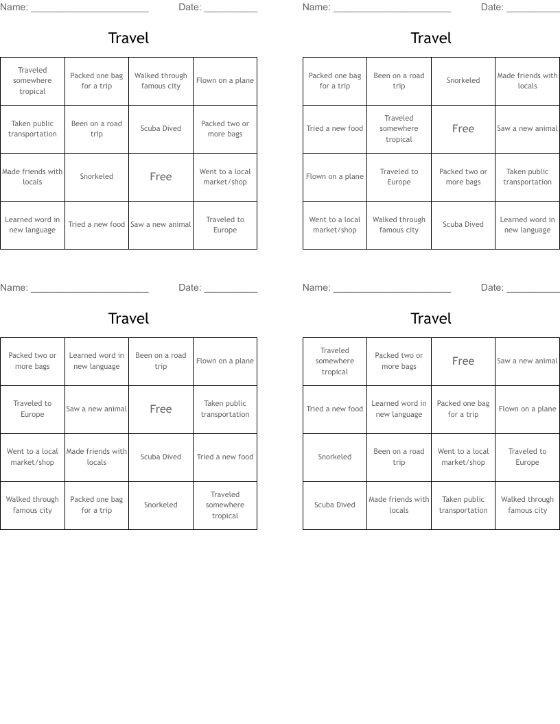 Travel Bingo Cards