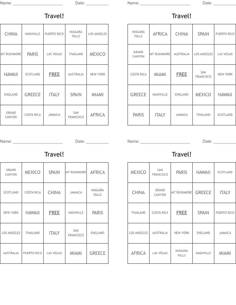 Travel! Bingo Cards