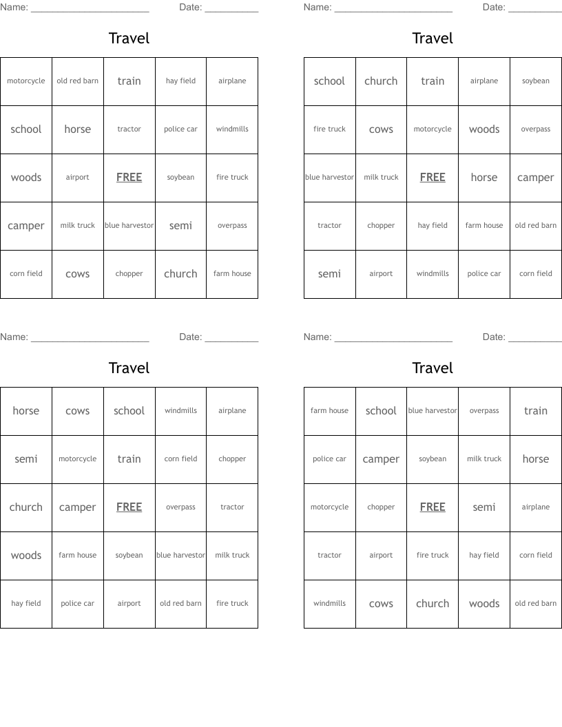 Travel Bingo Cards