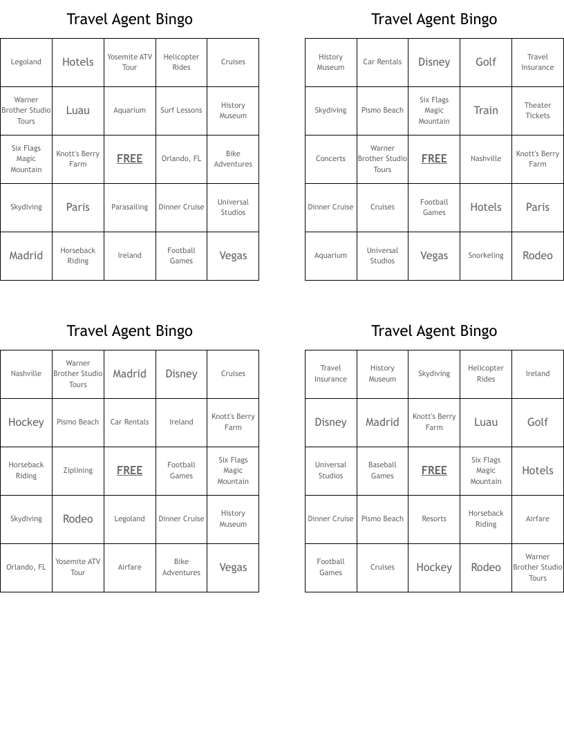 Travel Agent Bingo