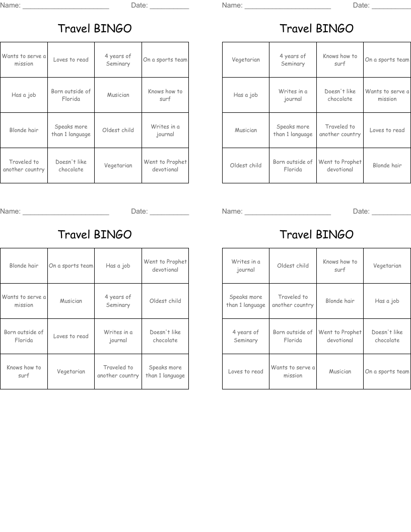 Travel BINGO