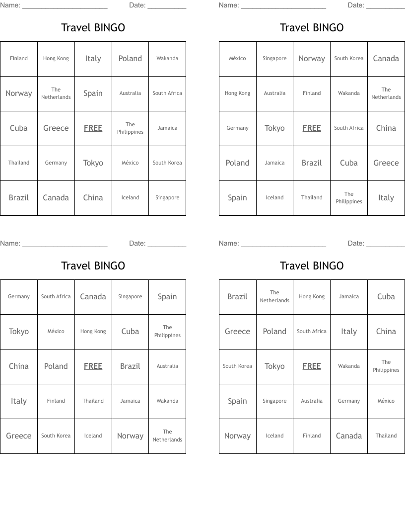Travel BINGO 