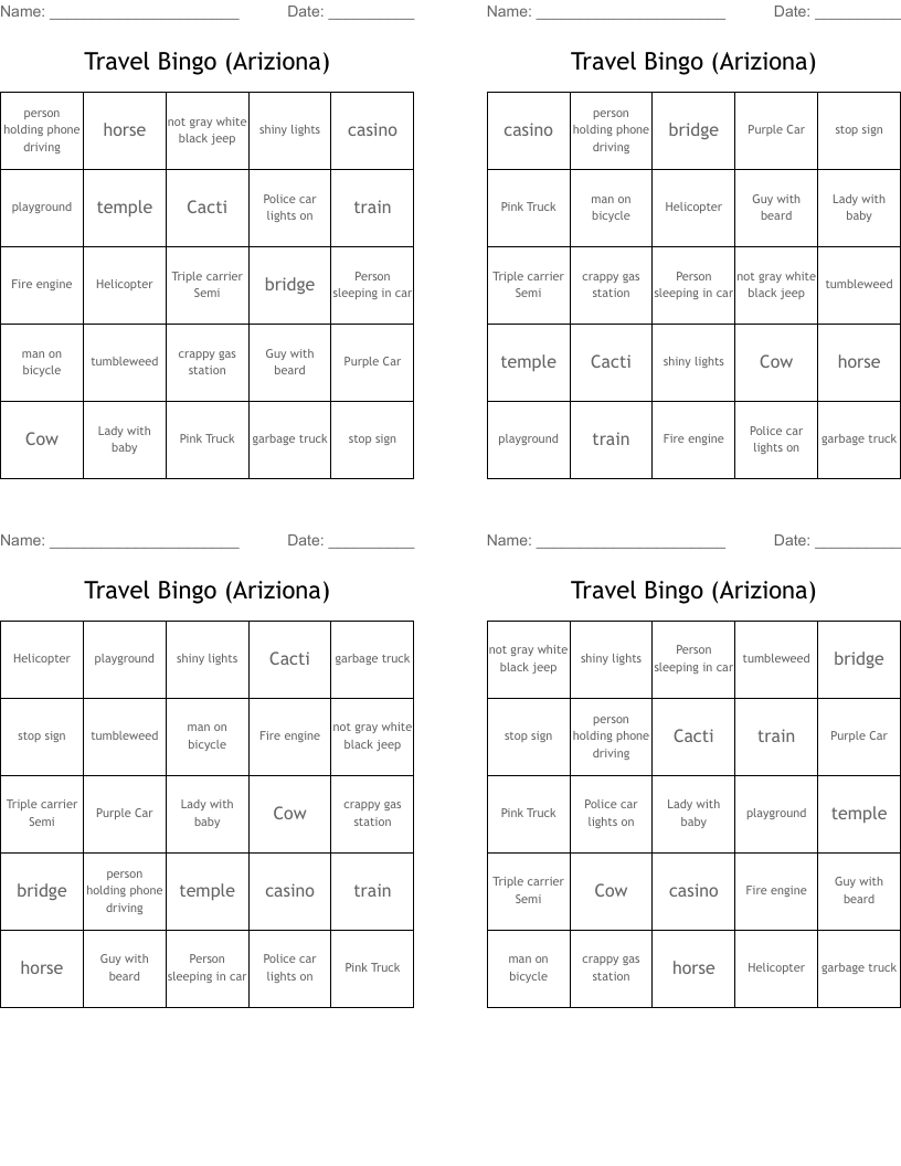 Travel Bingo (Ariziona)