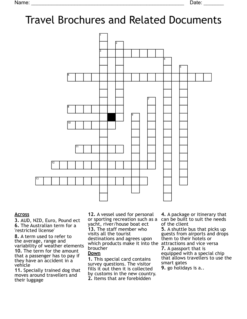 Travel Brochures and Related Documents Crossword
