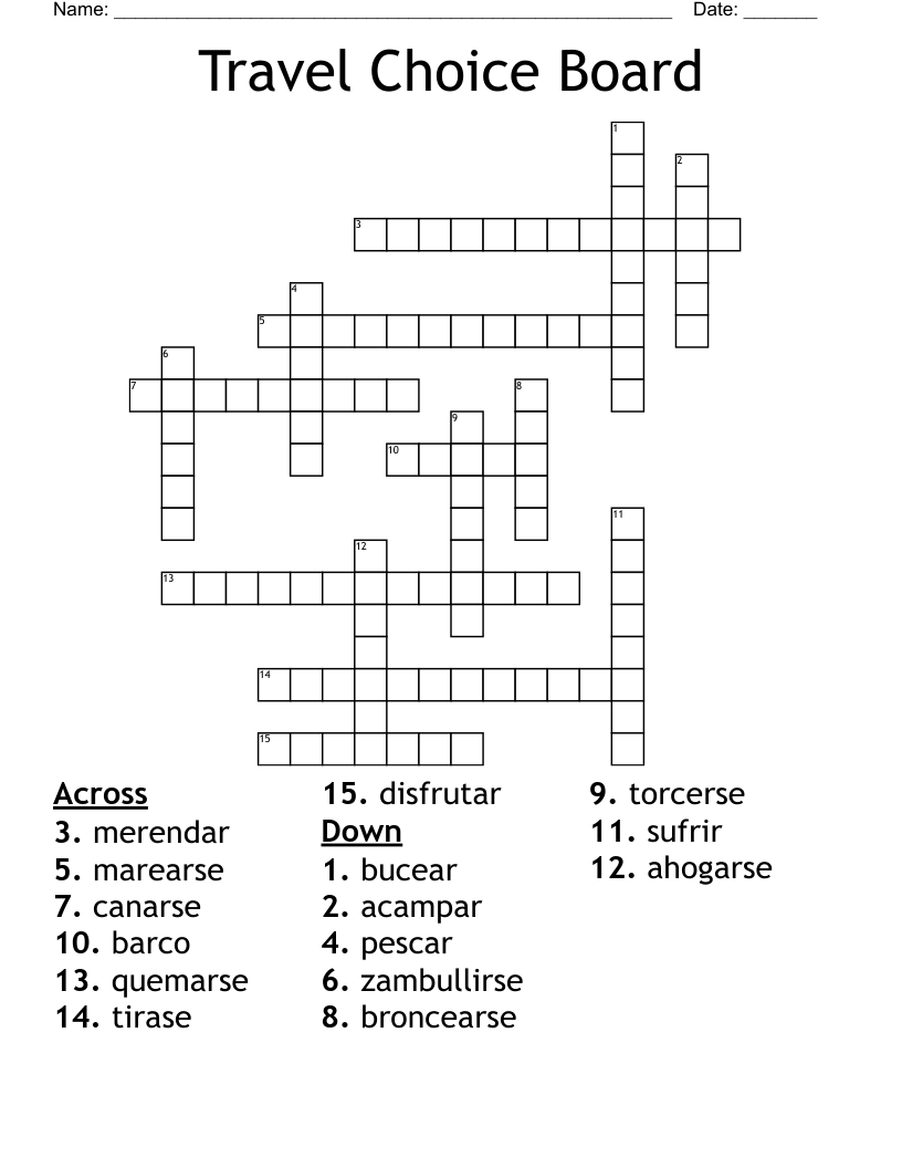 Travel Choice Board Crossword