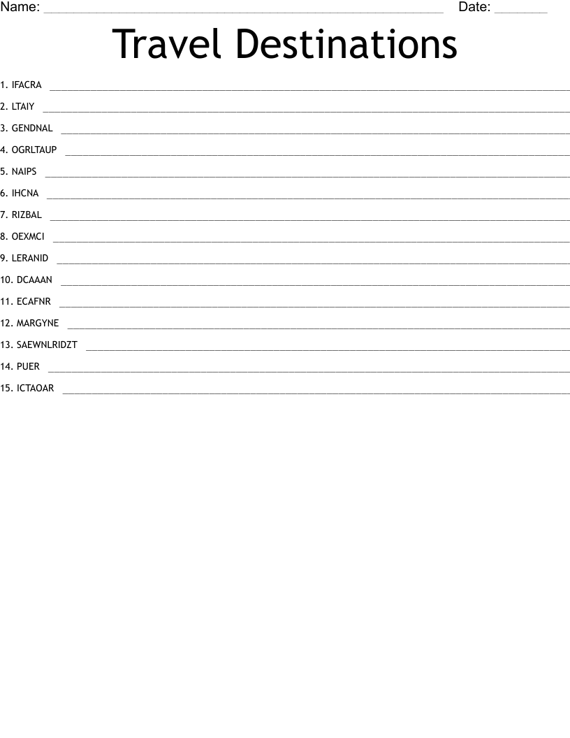 Travel Destinations Word Scramble