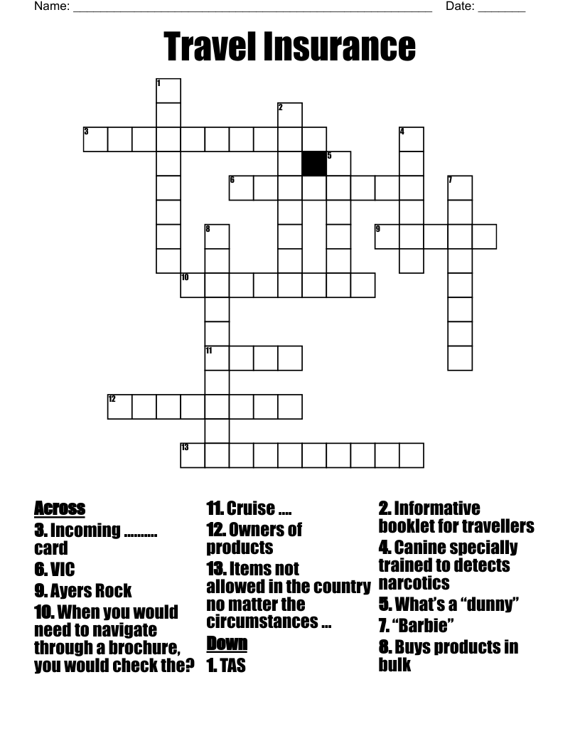 Travel Insurance Crossword