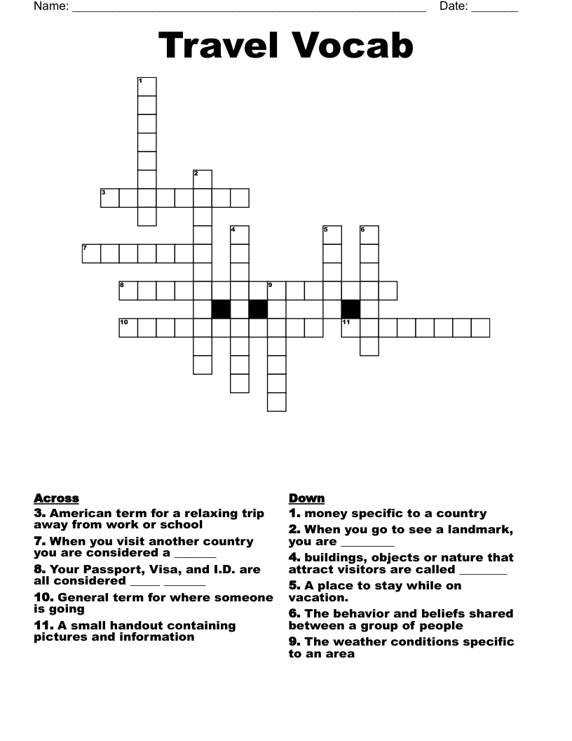 Travel Vocab Crossword