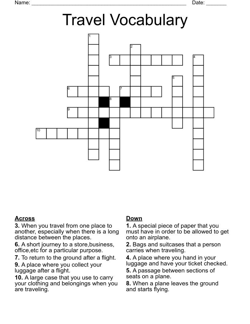 Travel Vocabulary Crossword