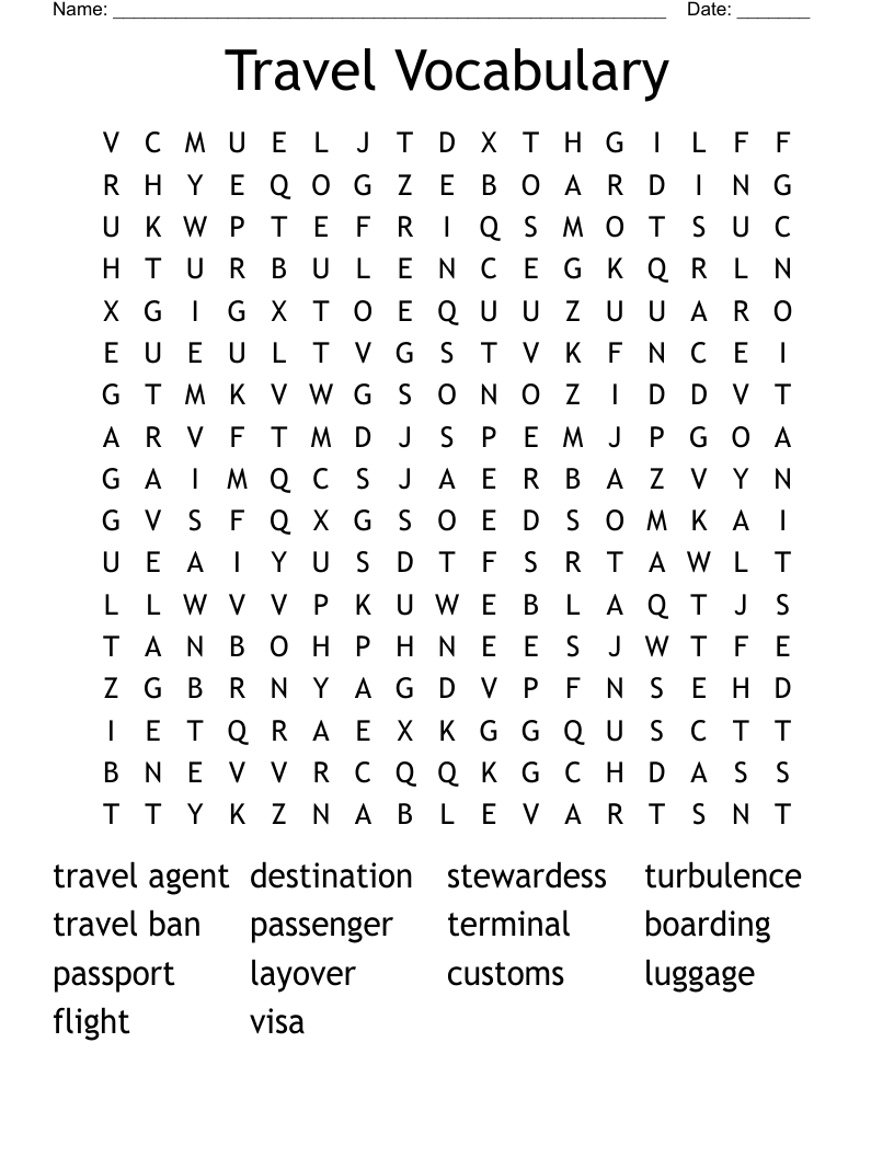 Travel Vocabulary Word Search