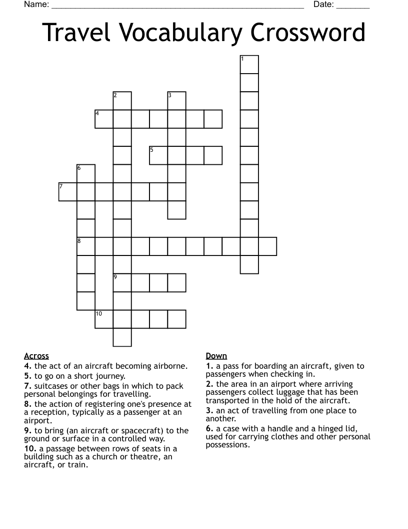 Travel Vocabulary Crossword
