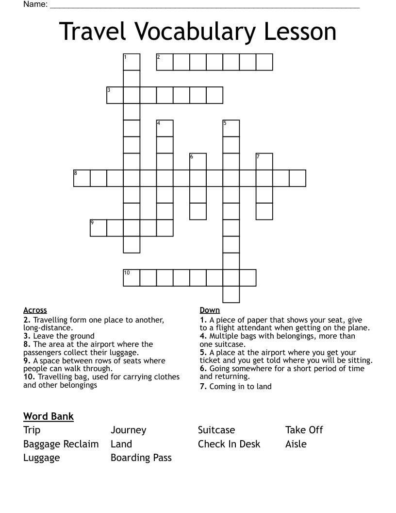 Travel Vocabulary Lesson Crossword