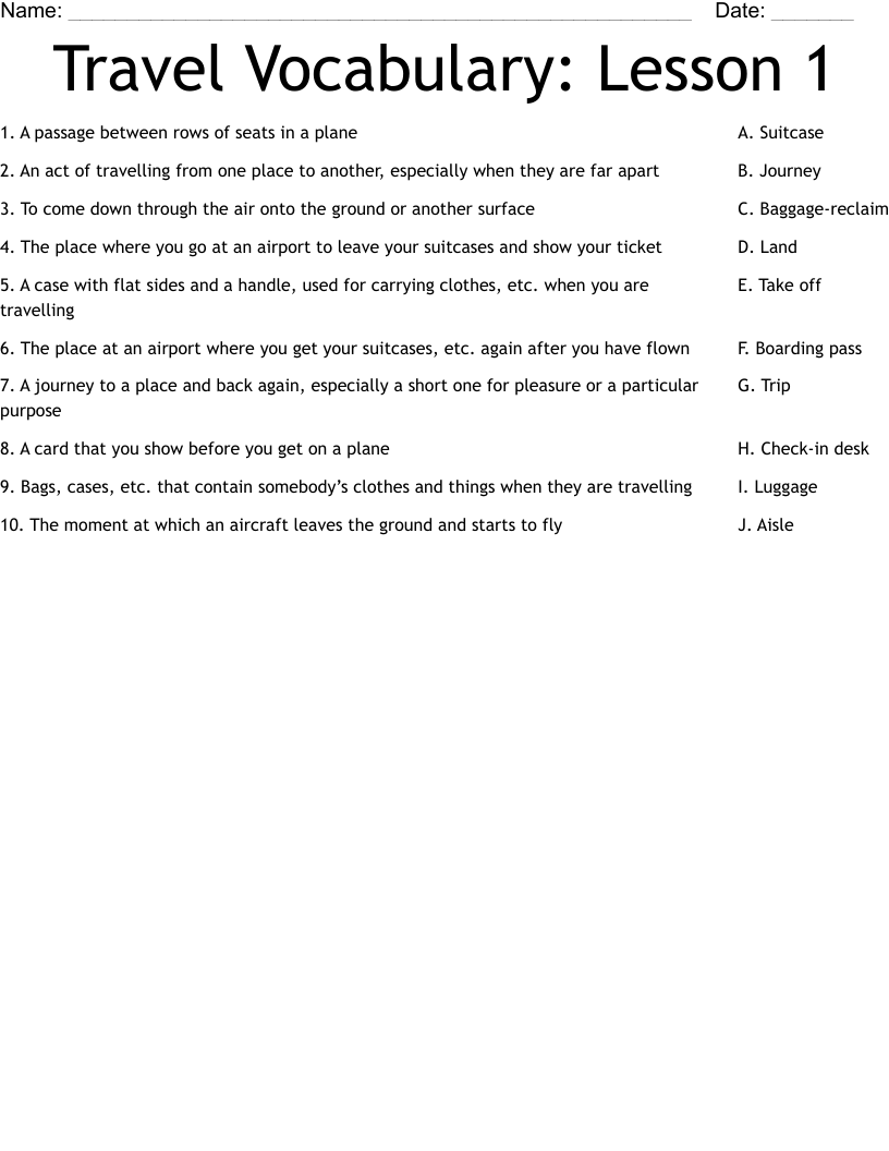 Travel Vocabulary: Lesson 1 Worksheet