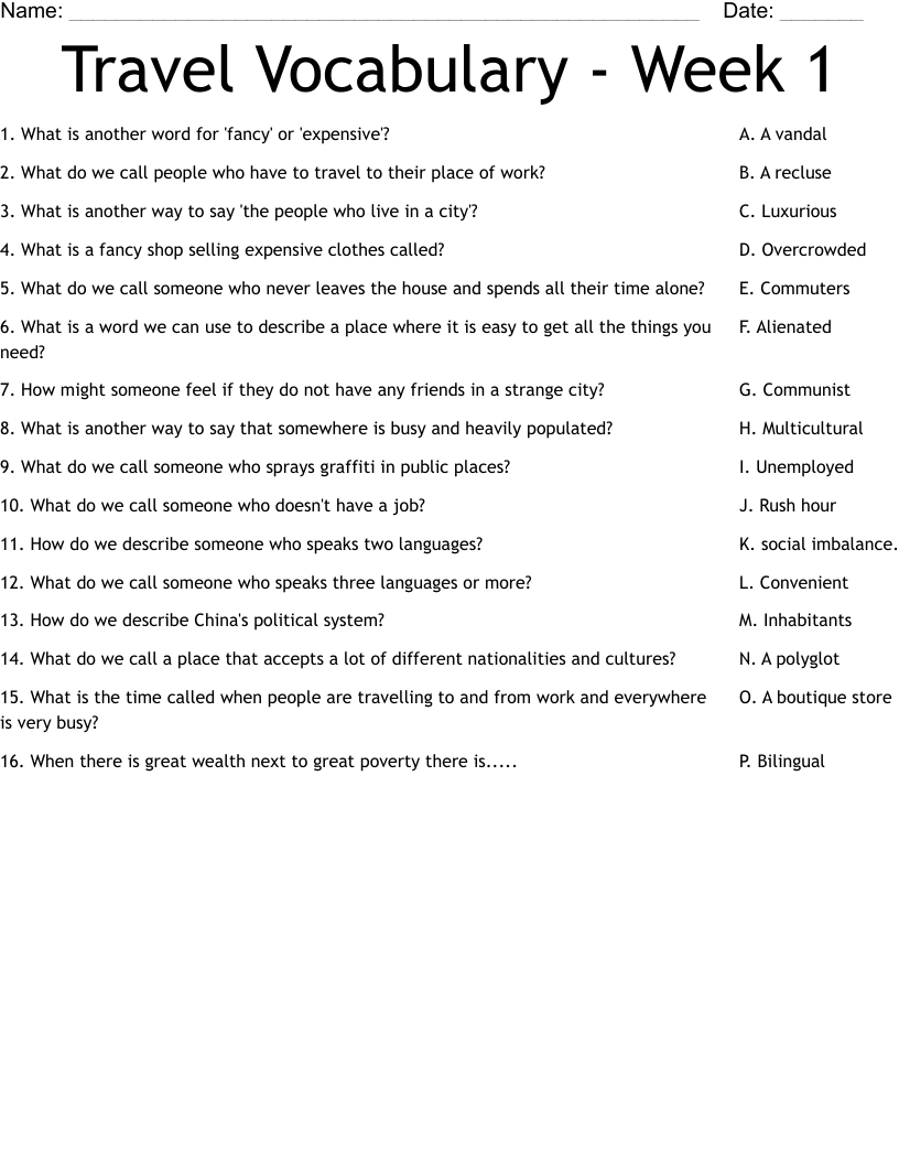 Travel Vocabulary - Week 1 Worksheet