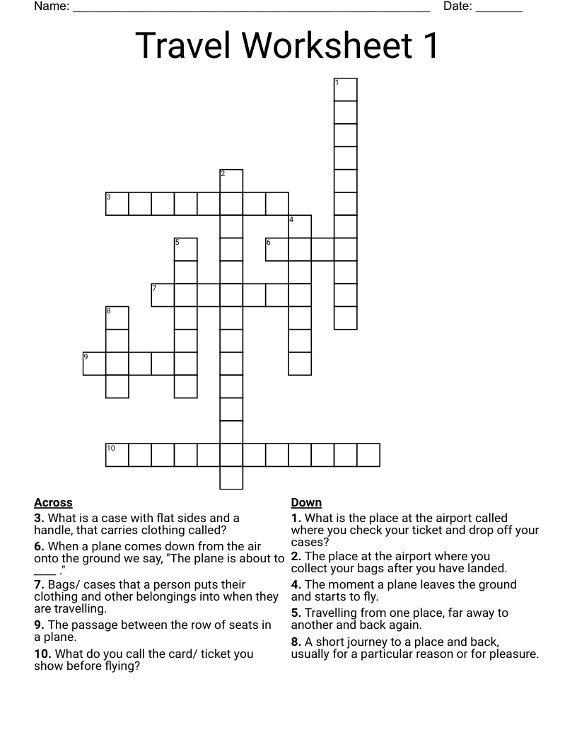 Travel Worksheet 1 Crossword