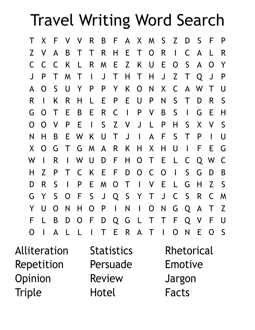 Travel Writing Word Search