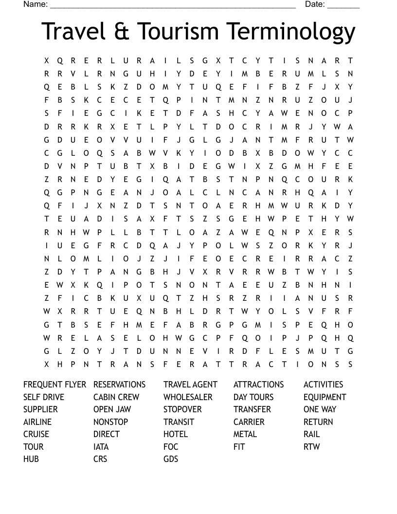 Travel & Tourism Terminology Word Search