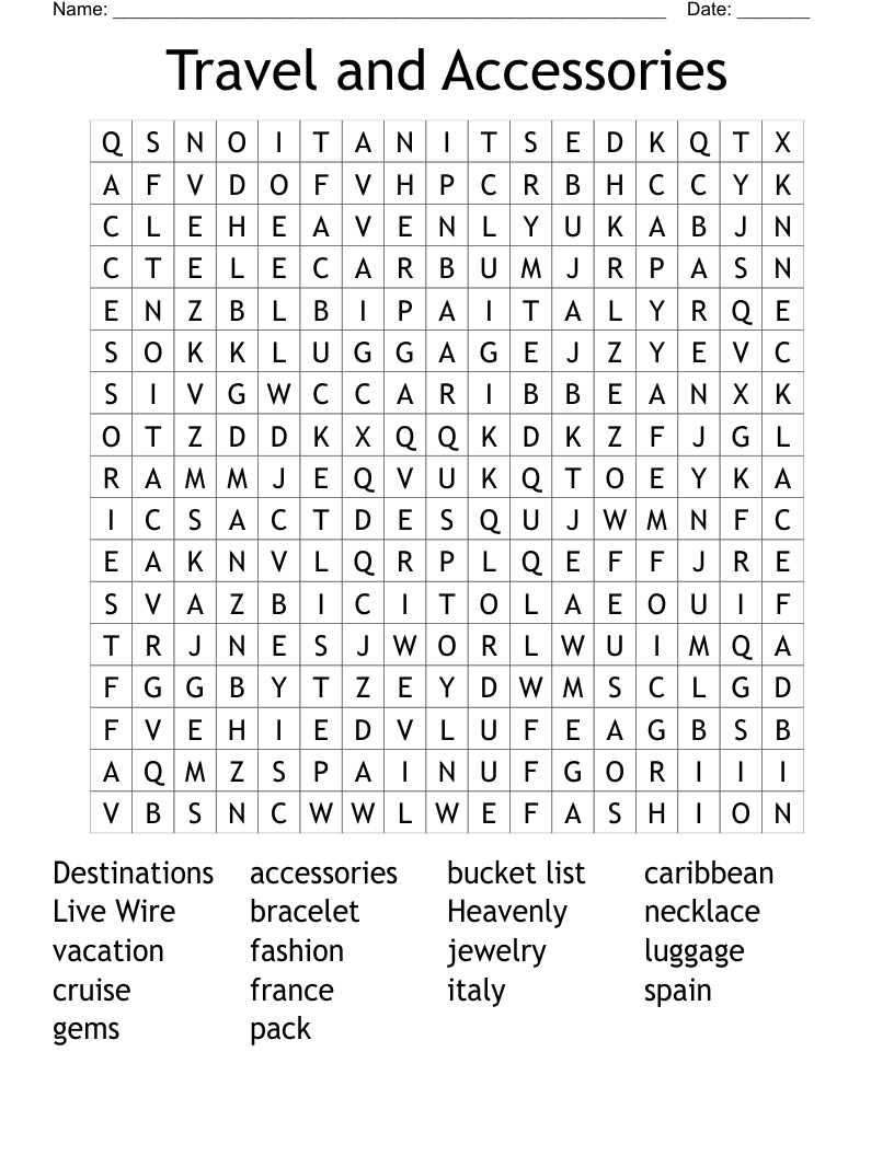 Travel and Accessories Word Search