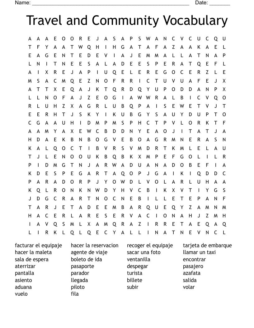 Travel and Community Vocabulary Word Search