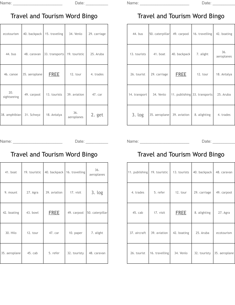 Travel and Tourism Word Bingo