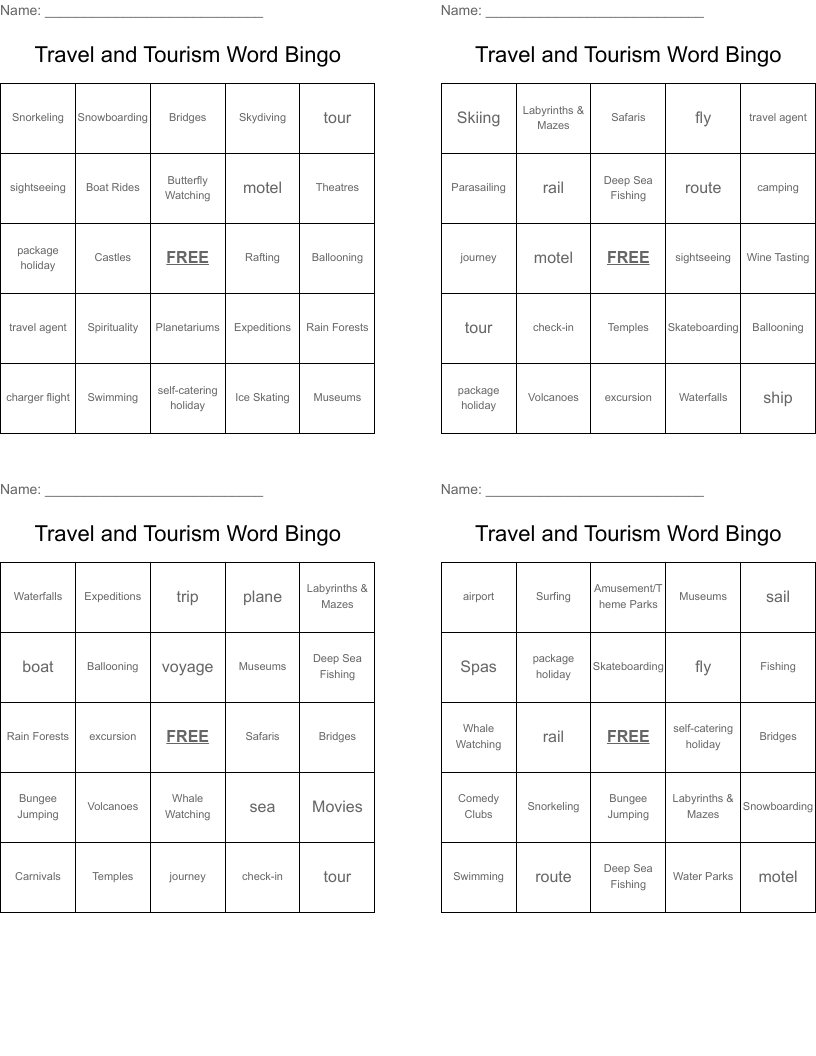 Travel and Tourism Word Bingo
