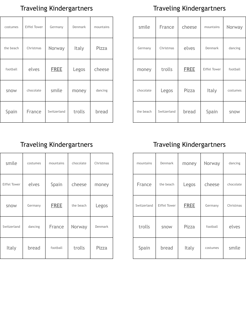 Traveling Kindergartners Bingo Cards