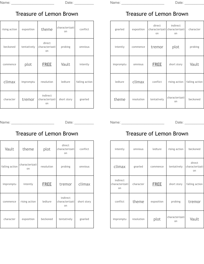 Treasure of Lemon Brown Bingo Cards
